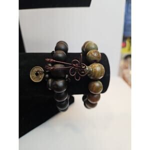 Two Wooden Carved And Charm Bead Bracelets Green/Black